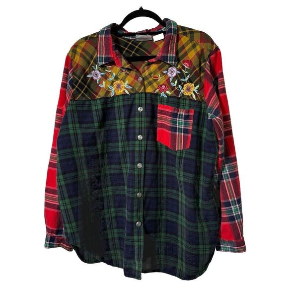 VTG Mixed Plaid‎ Colorblock Embroidered Boho Punk Grunge Button Collar Womens XL - Picture 1 of 5